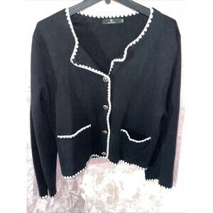 NWT Lillusory Size XLCardigan Blk White Trim Women's Sweater 2-Pockets CLASSY!